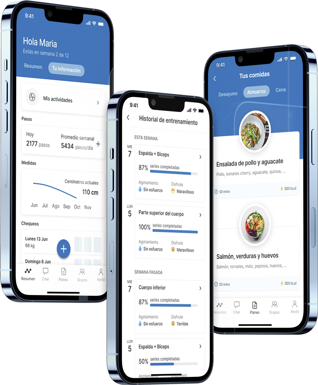 Un mockup de la app de coaching mostrando las funciones.